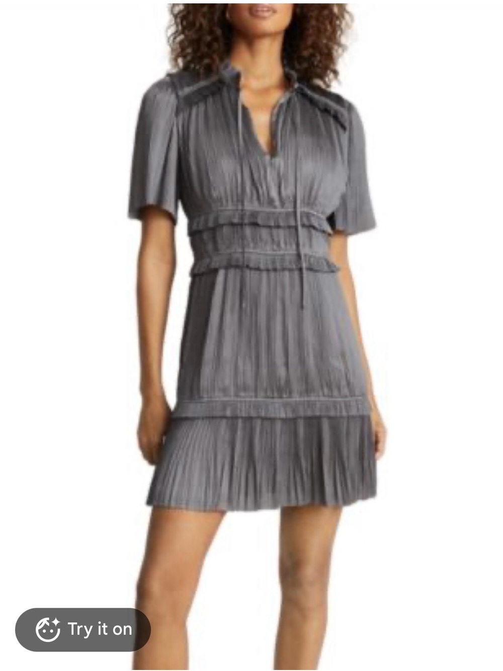 Reiss Lydia Pleated Tiered Ruffle Mini Dress Gray US 6 NWOT